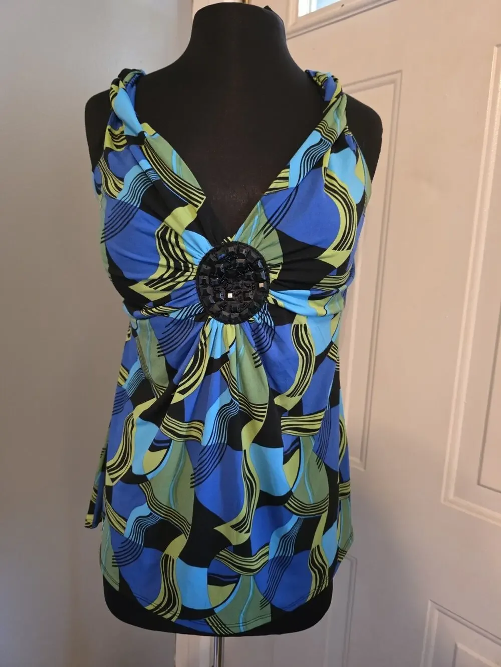 Vtg Bisou Bisou Y2k Baby Doll Tank Jeweled Medallion Abstract Print Blue Black L